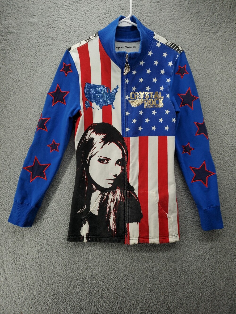 Crystal Rock by Christian Audigier American Flag Y2K Zip Jacket Womens Medium